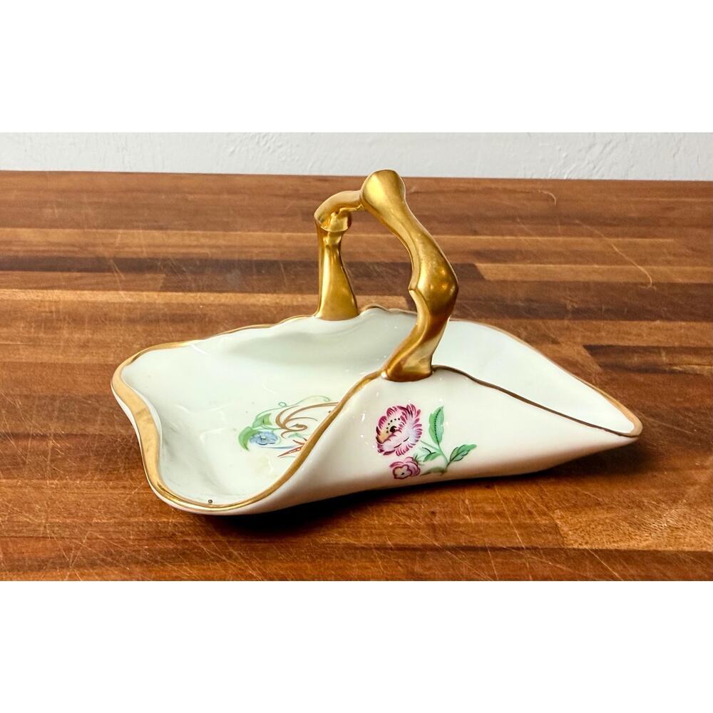 Vintage Limoges Castel Porcelain Basket Dish: Bird Floral Gold Gilt Handle - Picture 5 of 15